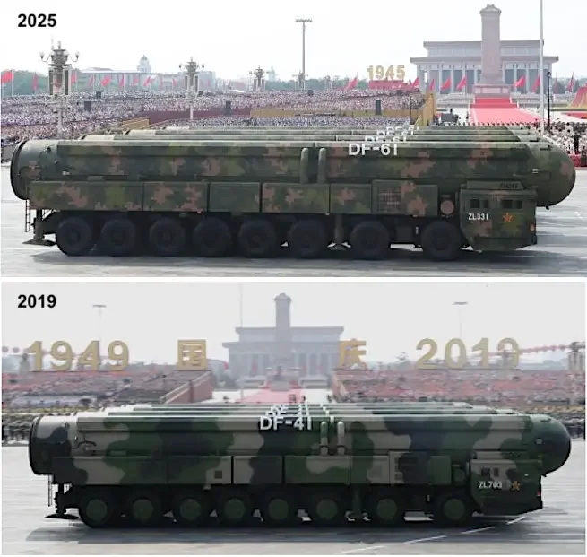 Пусковая установка МБР DF-61, представленная на Параде Победы 2025 года, выглядит практически идентично пусковой установке МБР DF-41, представленной в 2019 году
