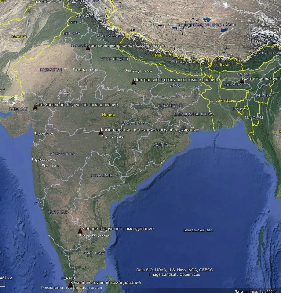 Схема дислокации штабов воздушных командований ВВС Индии