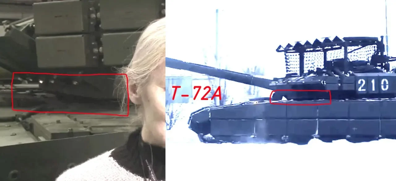 Скриншоты из видеороликов, на которых запечатлена особенность скул башен модернизированных Т-72А, разлетевшиеся по западным соц.сетям. Присутствует кадр из видео "Уралвагонзавода".