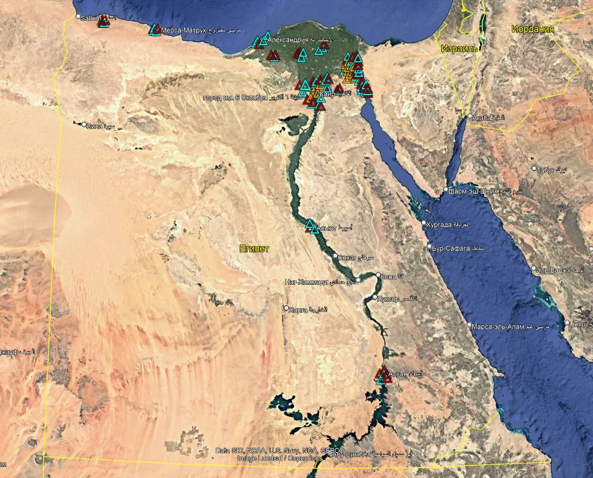 Схема размещения позиций объектовых ЗРК на территории Египта по состоянию на 2018 год